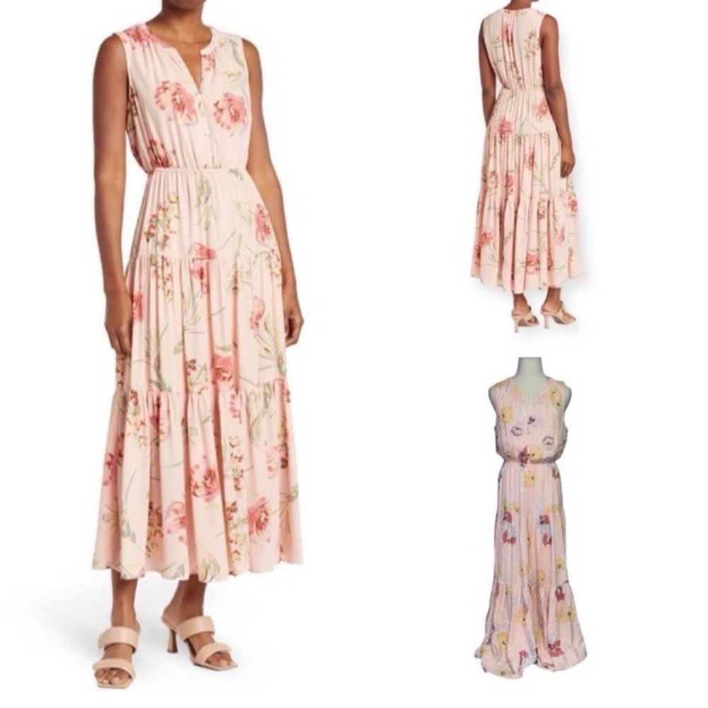 Sleeveless Pink Floral Tiered Midi Dress